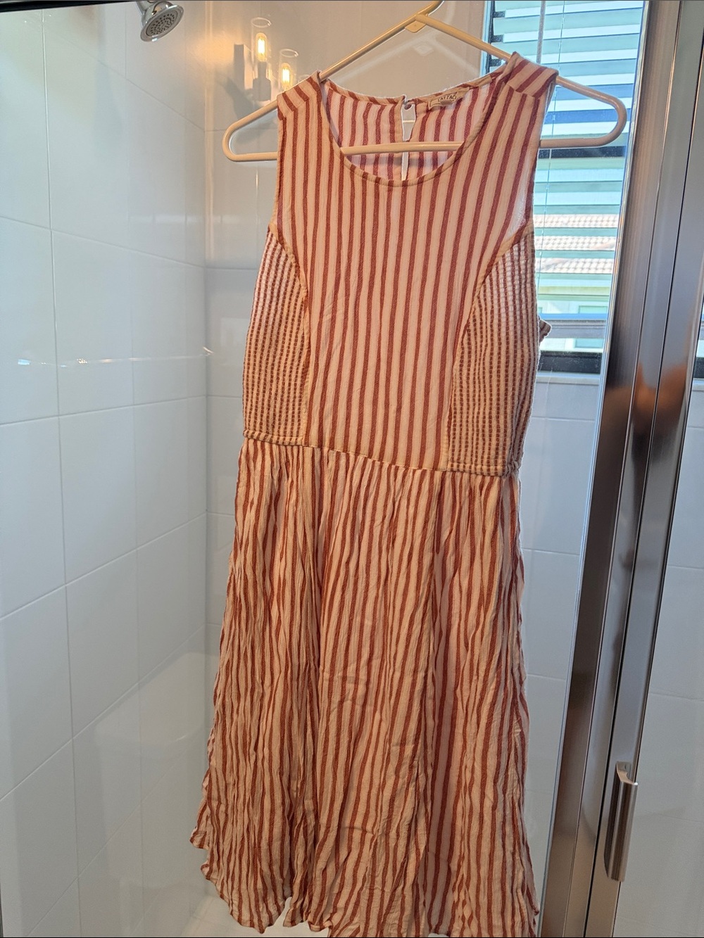 Sleeveless Mini Dress in Rust and Cream Stripes